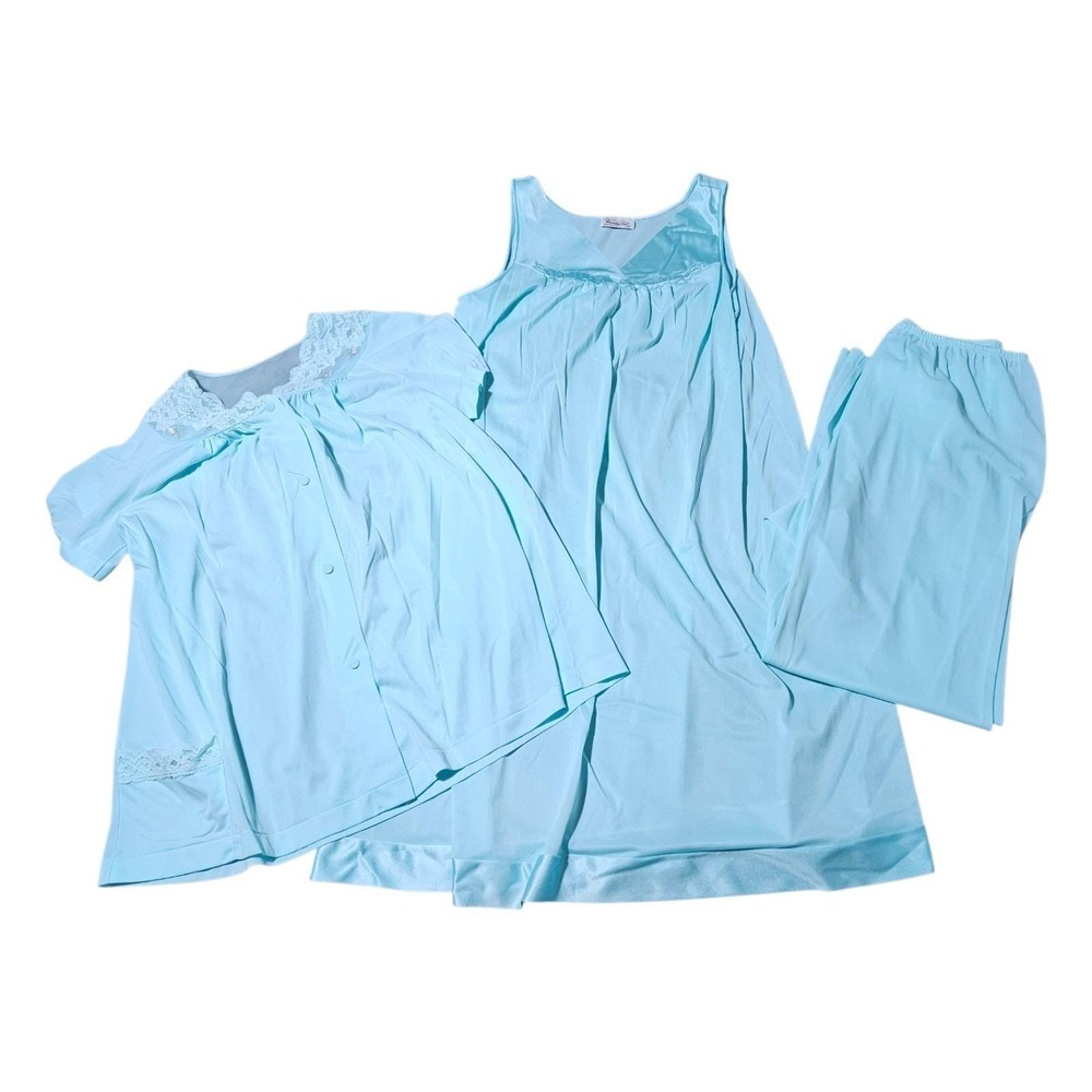 Vintage Vanity Fair Blue Tricot Sleepwear Set 3-Piece Lingerie Collection Size M